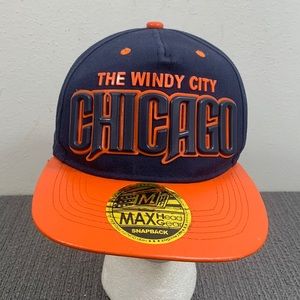 The Windy City Chicago Snapback Hat Mens OSFA Navy Orange PU Brim Max HeadGear
